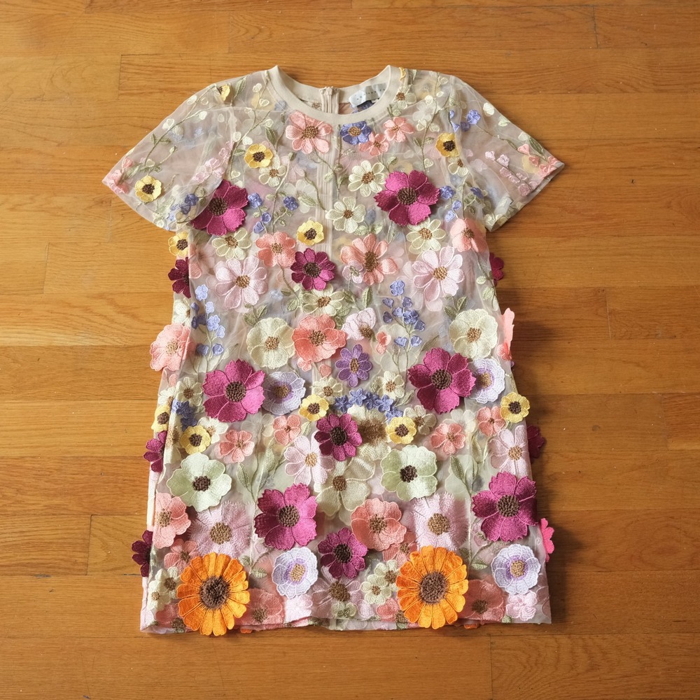 Endless Rose Floral Shift Dress Womens Beige 3D Flower Sheer Cottagecore Size M